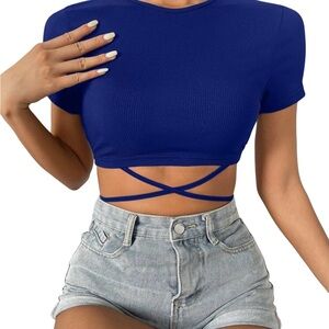 SHEIN Blue Crop Top with Cut Out Short Sleeves